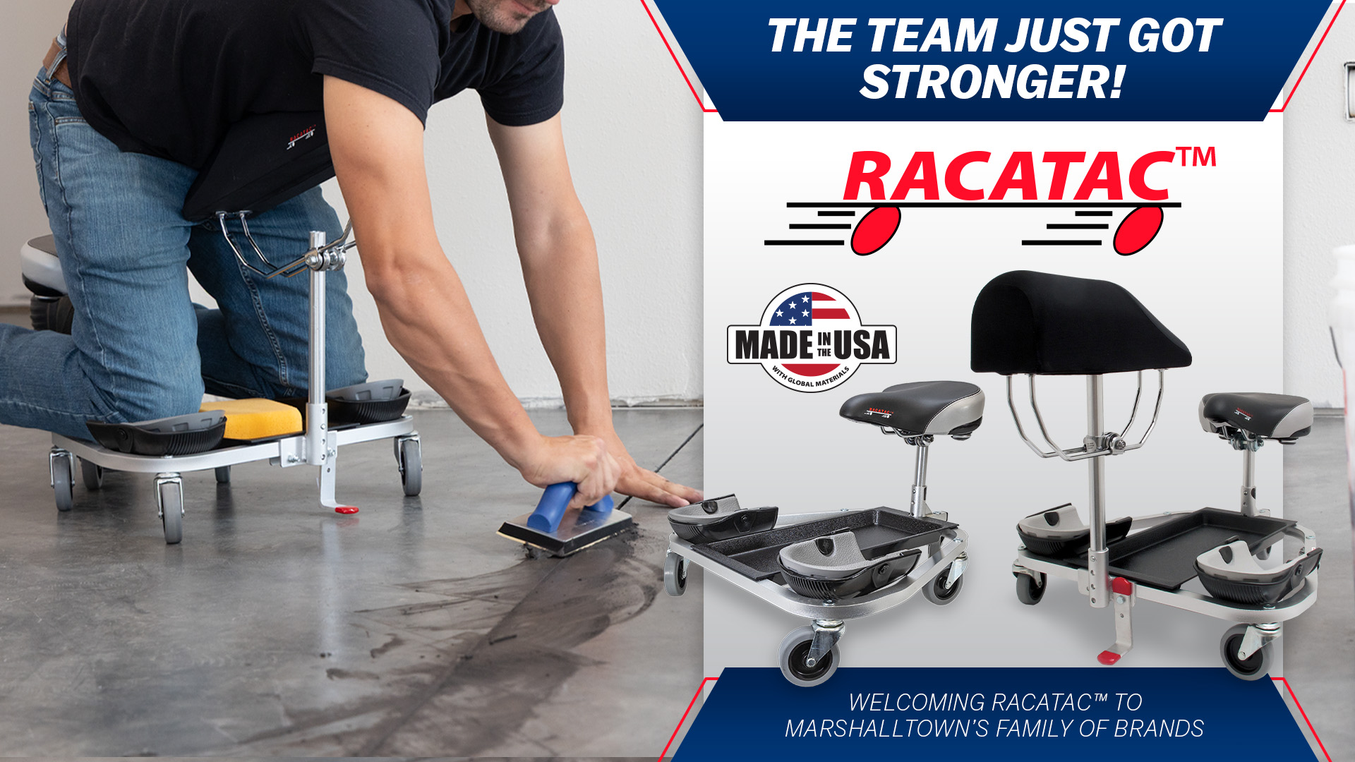RACATAC creeper being used to protect knees and support back while repairing a floor